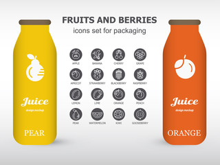 Bottle of juice, sugar water, tea or cocktail with drawing pear and orange. Isolated on the white background. Concept design for juice or cocktail. Product packaging mockup.