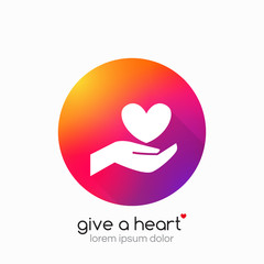 Hands holding heart symbol, abstract gradient, flat shadow.