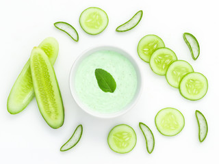 Natural ingredient for skincare and scrub with cucumber, avocado and mint isolated on white background