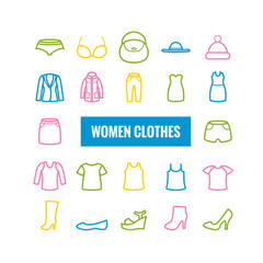 Set of women clothes outline icons. Linear icons for web and mobile apps