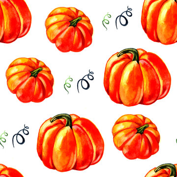 Halloween pumpkins seamless pattern. Watercolor hand drawing.