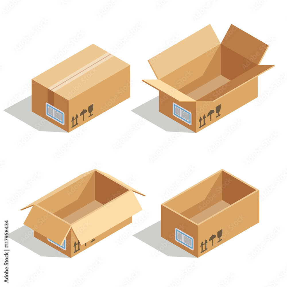 Poster cardboard boxes opened and closed. 3d isometric vector icons for
