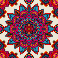 Mandala boho hand drawn seamless pattern. Vector illustration