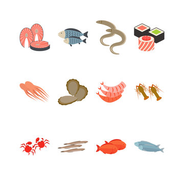 Seafood icon set isolated on white. Vector illustration