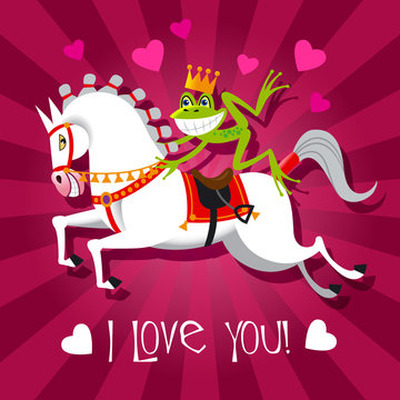 Design of card "I love you" with cute Frog Prince on a white horse. Vector illustration in cartoon style
