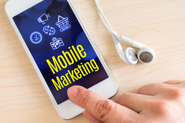 Hand touch smart phone and ear phone with Mobile marketing word