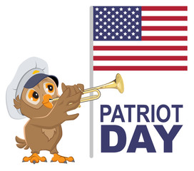 Patriot Day USA. Owl bugler in white cap plays horn