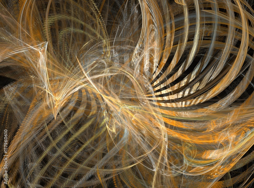 Poster golden abstract fractal with curved lines and waves on a black background
