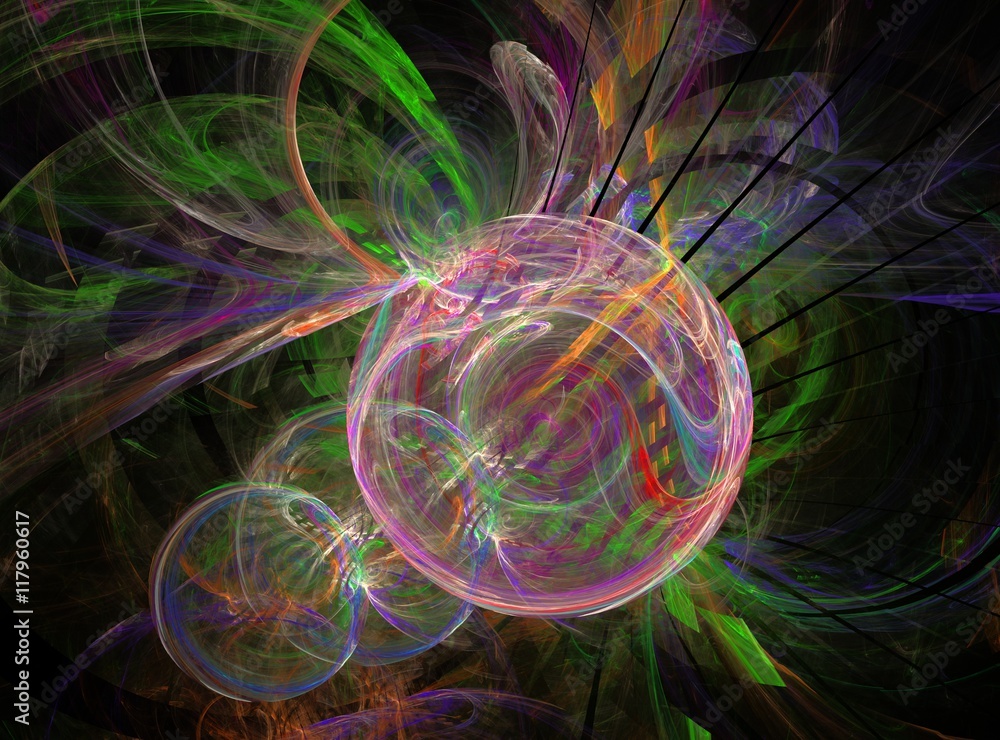 Poster multicolored bright fractal with circles and curves on a black background