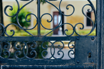 Closeup detailt of beautiful old ornate metal door outdoors background