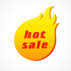 Hot sale creative golden sticker idea. Seasonal ad, red and yellow color fiery icon or logo concept, business marketing web button or banner. Advertising template. Isolated graphic design. 
