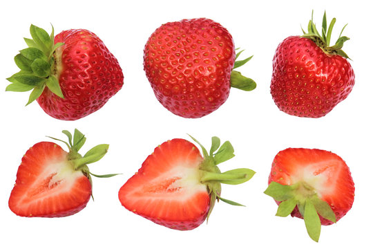 Isolated strawberries. Collection of whole and cut strawberry fruits isolated on white background with clipping path