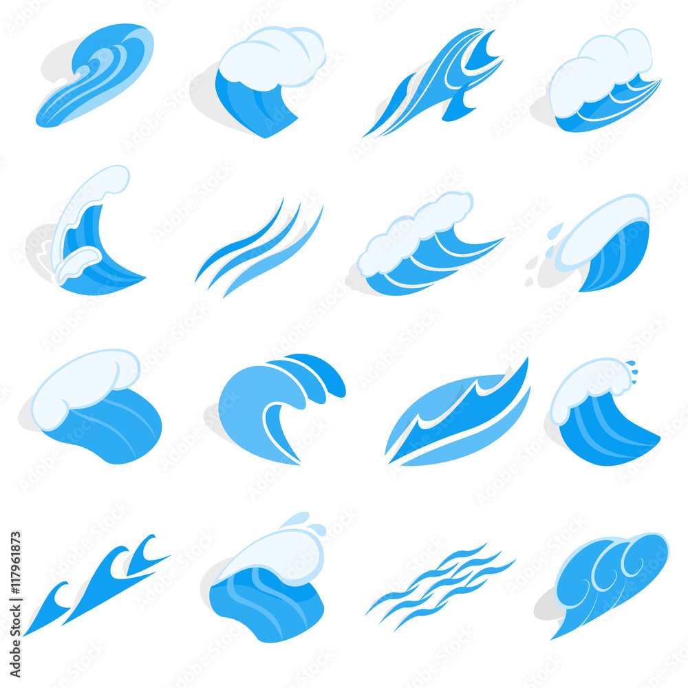 Poster isometric water wave icons set. universal water wave icons to use for web and mobile ui, set of basi