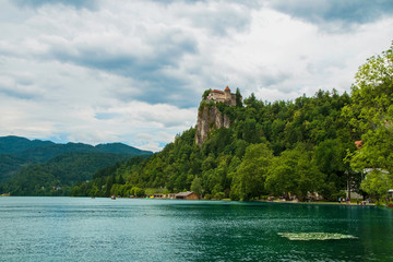 Fototapeta na wymiar Bled castle with lake in foreground in Slovenia