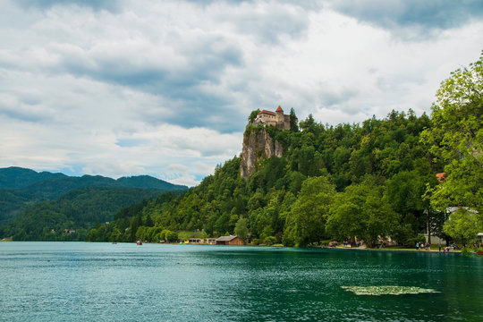 Bled castle with lake in foreground in Slovenia