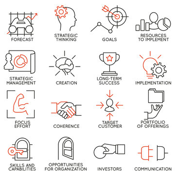 Set linear icons of business management, strategy, career progress and business people organization. Linear infographic vector logo pictograms - part 2