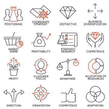 Set linear icons of business management, strategy, career progress and business people organization. Linear infographic vector logo pictograms - part 3