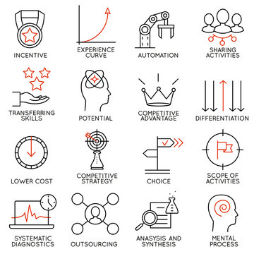 Set linear icons of business management, strategy, career progress and business people organization. Linear infographic vector logo pictograms - part 4