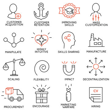 Set linear icons of business management, strategy, career progress and business people organization. Linear infographic vector logo pictograms - part 7