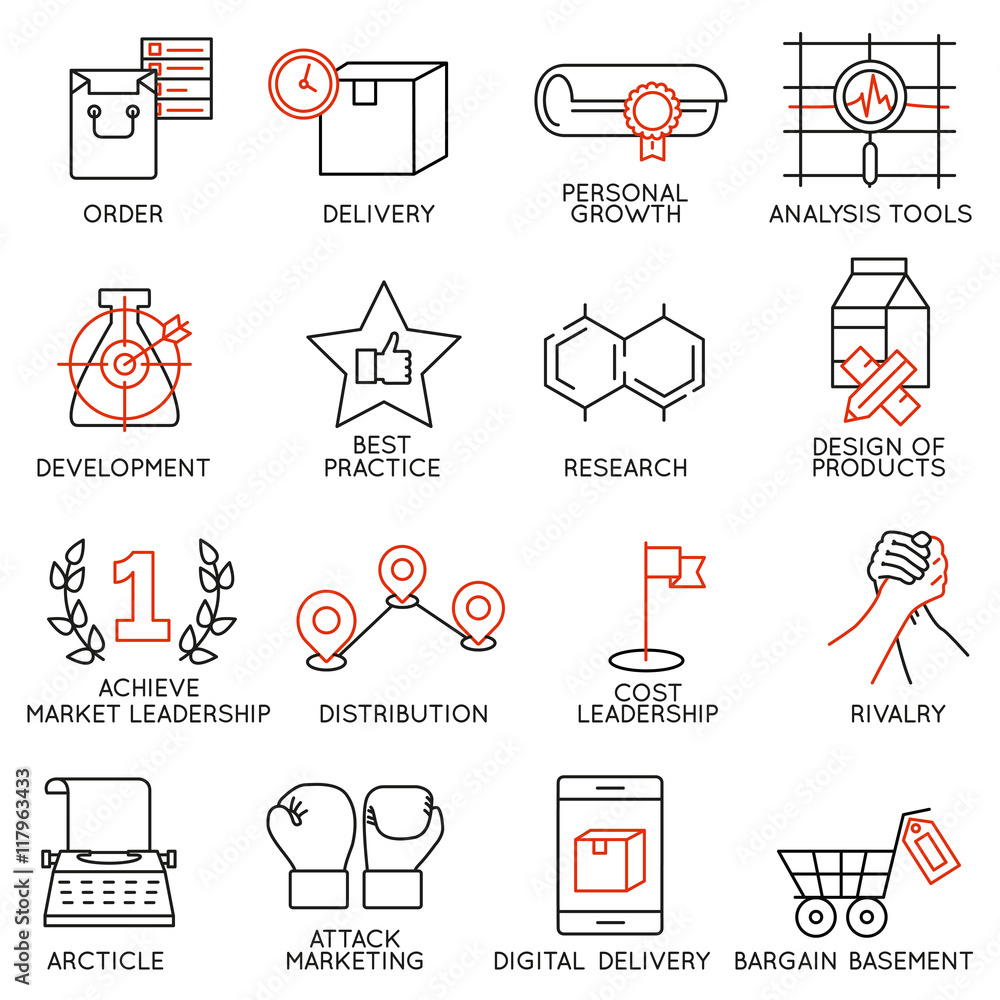 Poster vector set of 16 icons related to business management, strategy, career progress and business proces