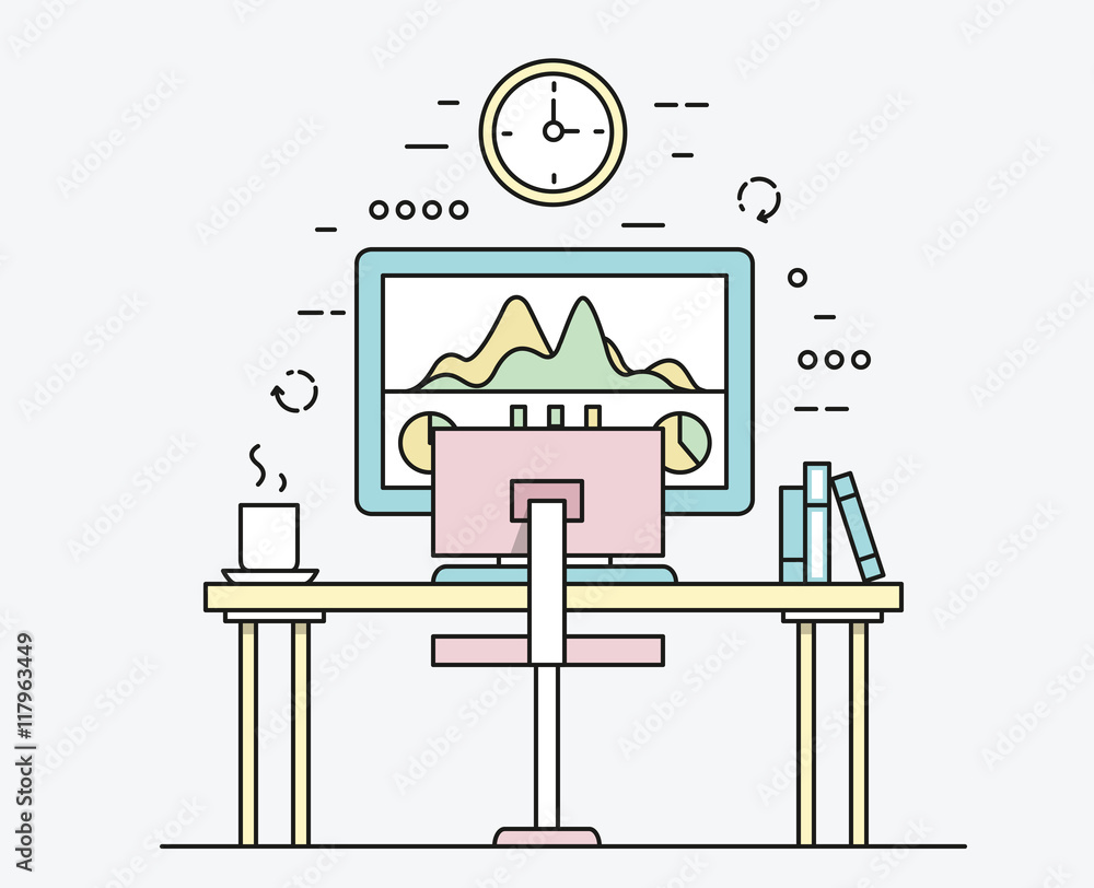 Poster linear flat design of modern workplace with desktop computer, developer work place and equipment for