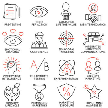 Vector set of 16 icons related to business management, strategy, career progress and business process. Mono line pictograms and infographics design elements - part 9