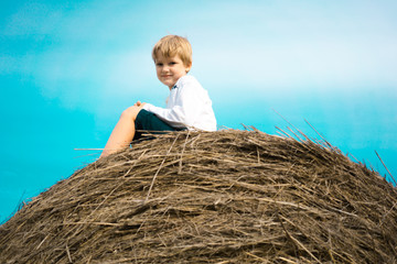 Naklejka na ściany i meble little boy sitting on haystack in the sky