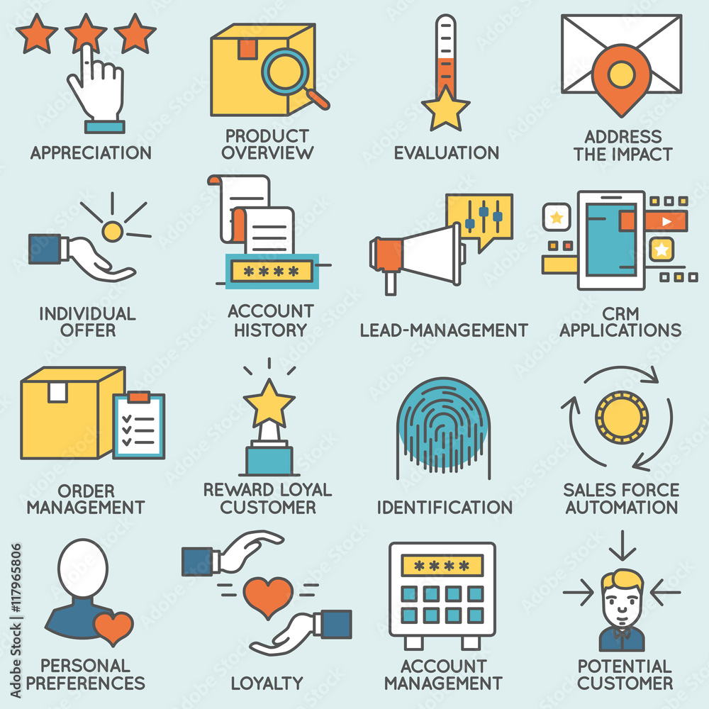 Poster vector set of icons related to customer relationship management. flat line pictograms and infographi