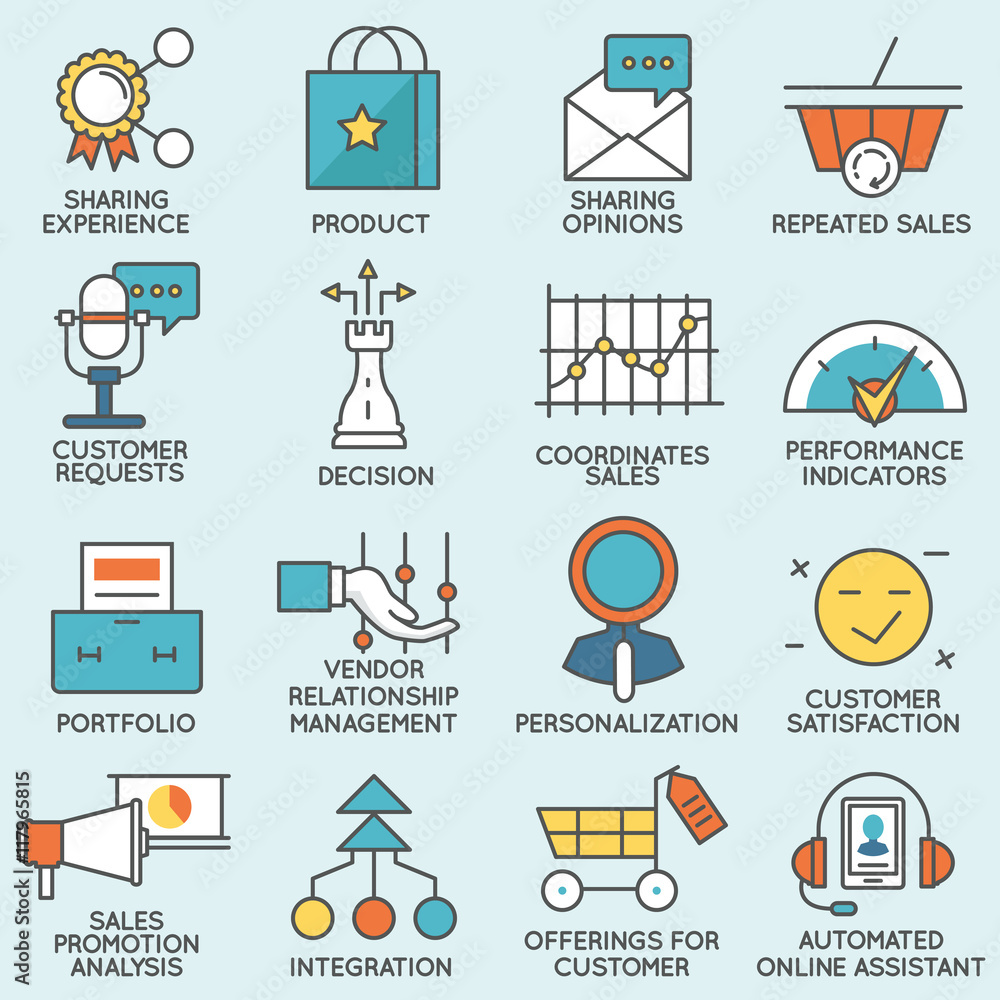 Poster vector set of icons related to customer relationship management. flat line pictograms and infographi