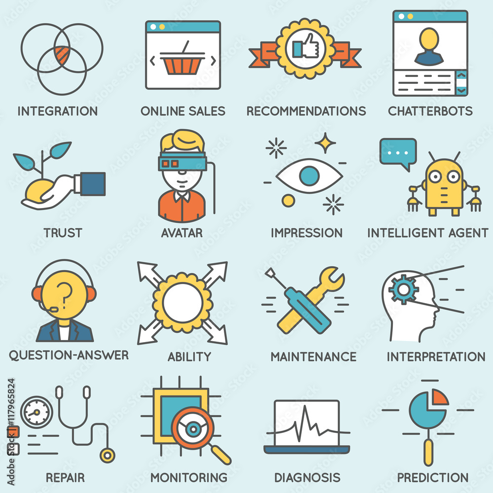 Poster vector set of icons related to customer relationship management. flat line pictograms and infographi