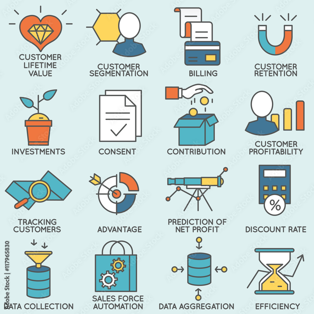 Poster vector set of icons related to customer relationship management. flat line pictograms and infographi