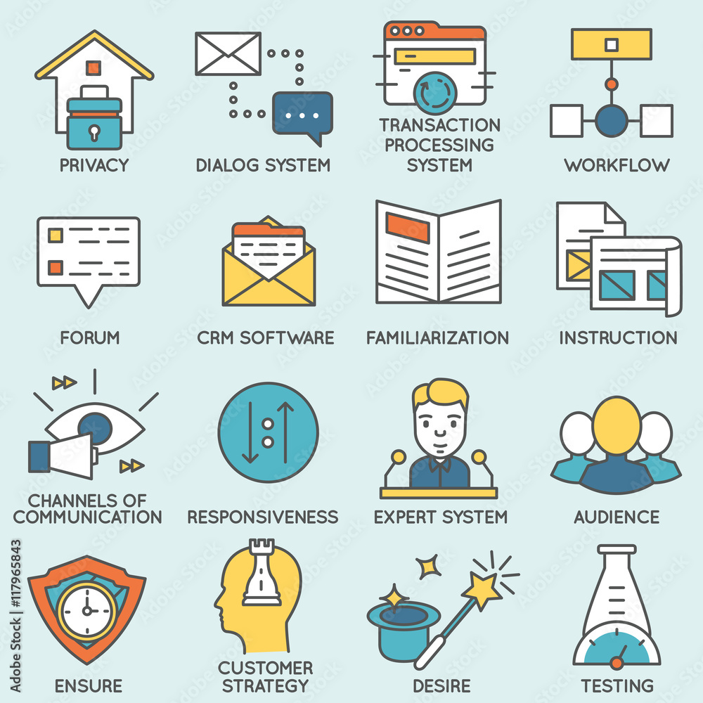 Poster vector set of icons related to customer relationship management. flat line pictograms and infographi