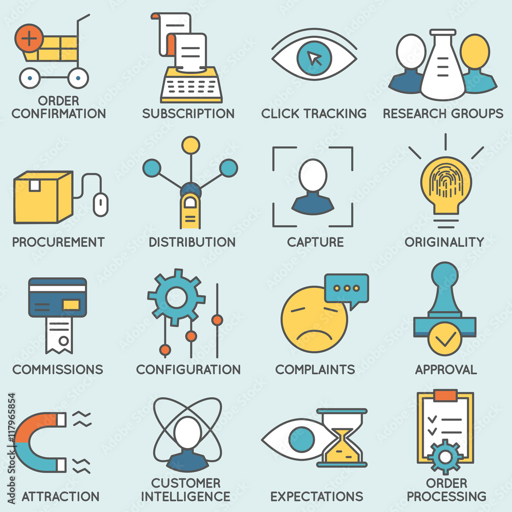 Poster vector set of icons related to customer relationship management. flat line pictograms and infographi