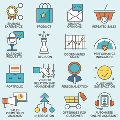 Vector set of icons related to customer relationship management. Flat line pictograms and infographics design elements - part 4