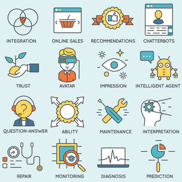 Vector set of icons related to customer relationship management. Flat line pictograms and infographics design elements - part 5