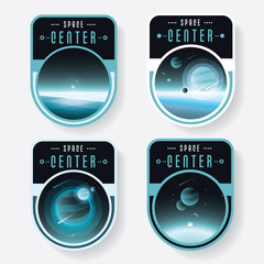Outer space logo badges set with blue planets