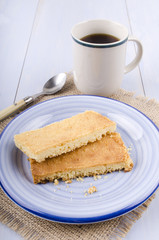 black tea in a cup and a plate with scottish shortbread