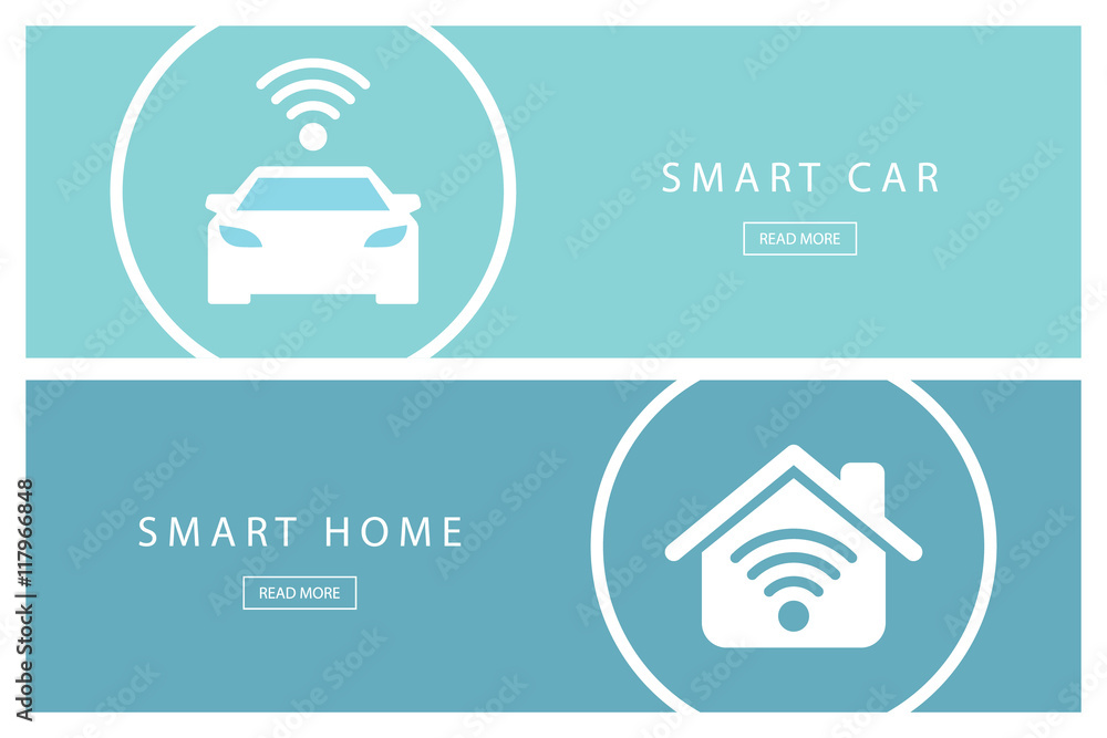 Poster Set of flat design concepts Smart car and Smart home. Internet of things.