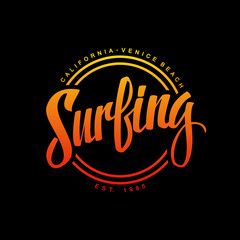 Fototapeta na wymiar Surfing. Calligraphy. Surfing logo. Handwritten word. Surf typography, t-shirt graphics. Vector illustration.