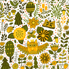 Vector forest design, floral seamless pattern