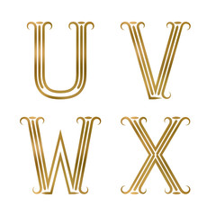 U, V, W, X golden letters. Font of lines with flourishes. Type in art deco style.