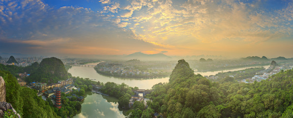 Landscape of Guilin, Li River and Karst mountains. Located near Yangshuo County, Guangxi Province,...