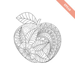 Vector illustration cartoon ornate apple. Coloring book page