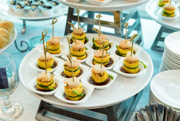Cocktail meeting party with food egg roll with shrimp decorated