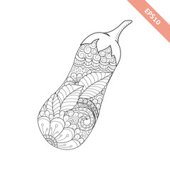 Vector illustration cartoon eggplant with floral ornament. Coloring page