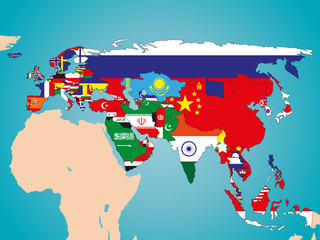 political map of Eurasia with the flags of States