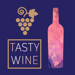 Wine tasting card, with colored bottle and grape over a dark blue background. Digital vector image.