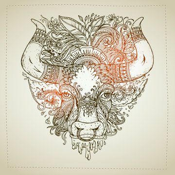 Hand drawn Ornamental Tattoo Bull Head. Highly Detailed Abstract Isolated.