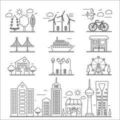 Naklejka premium Landscape city buildings thin line ourline linear design icons elements set. Graphic design city constructor.