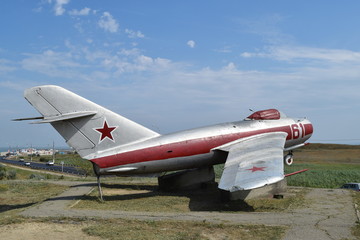 Museum copy of the aircraft. Monument of fighter aircraft.